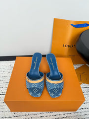 Printed Denim Kitten Heel Slippers