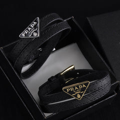 Double Black leather enamel label bracelet