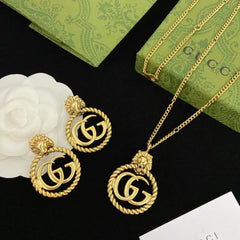 Vintage Lion Earring and Necklace Set