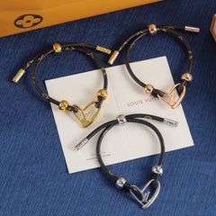 3-color metal heart charm leather bracelet