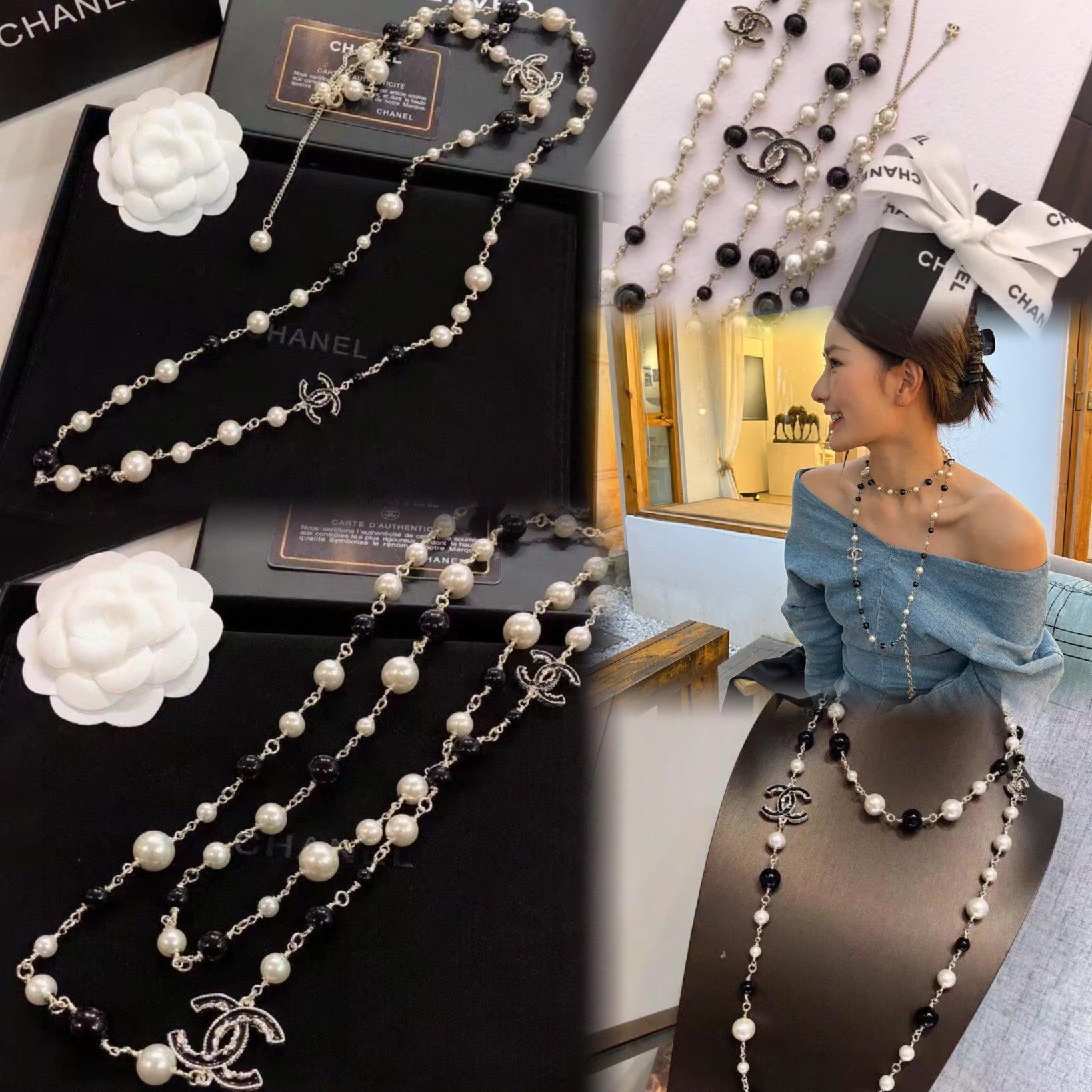Enamel Double Pearl Necklace