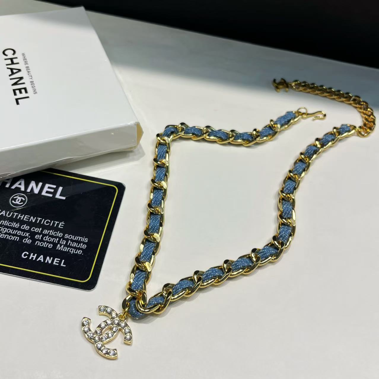 Denim leather choker