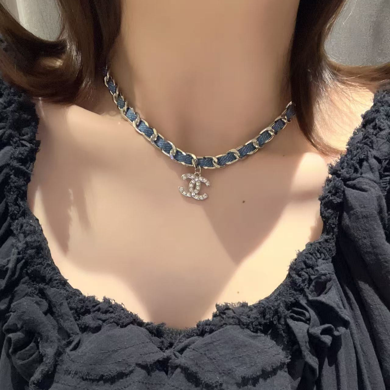Denim leather choker