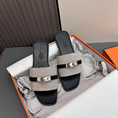 Colorblock Leather Flat Slides