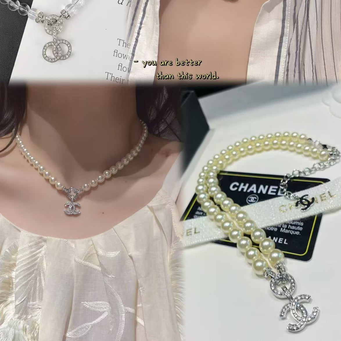 Diamond Glass Beads Pearl Necklace