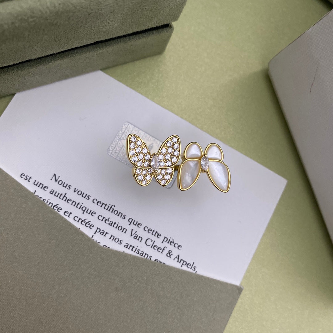 Diamond mother-of-pearl butterfly open ring