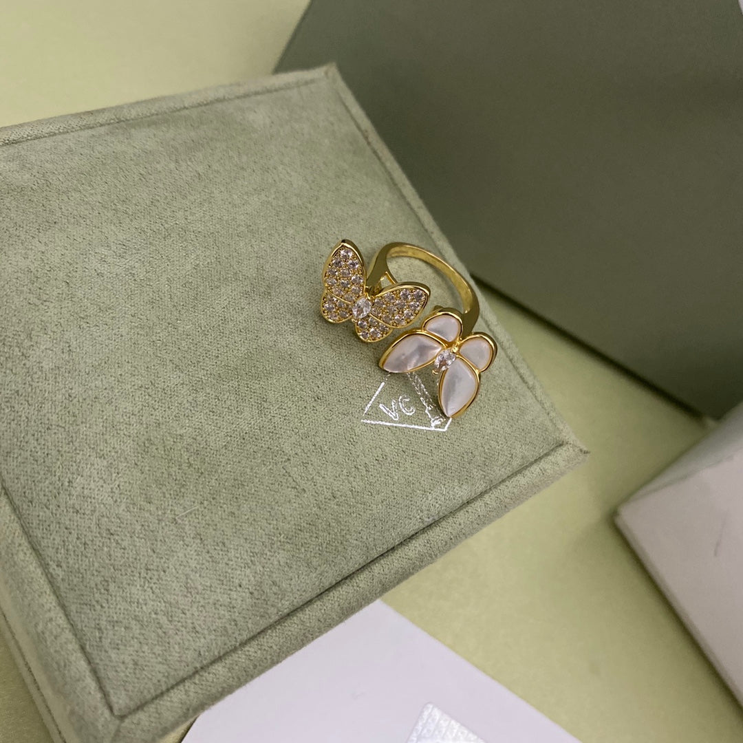 Diamond mother-of-pearl butterfly open ring