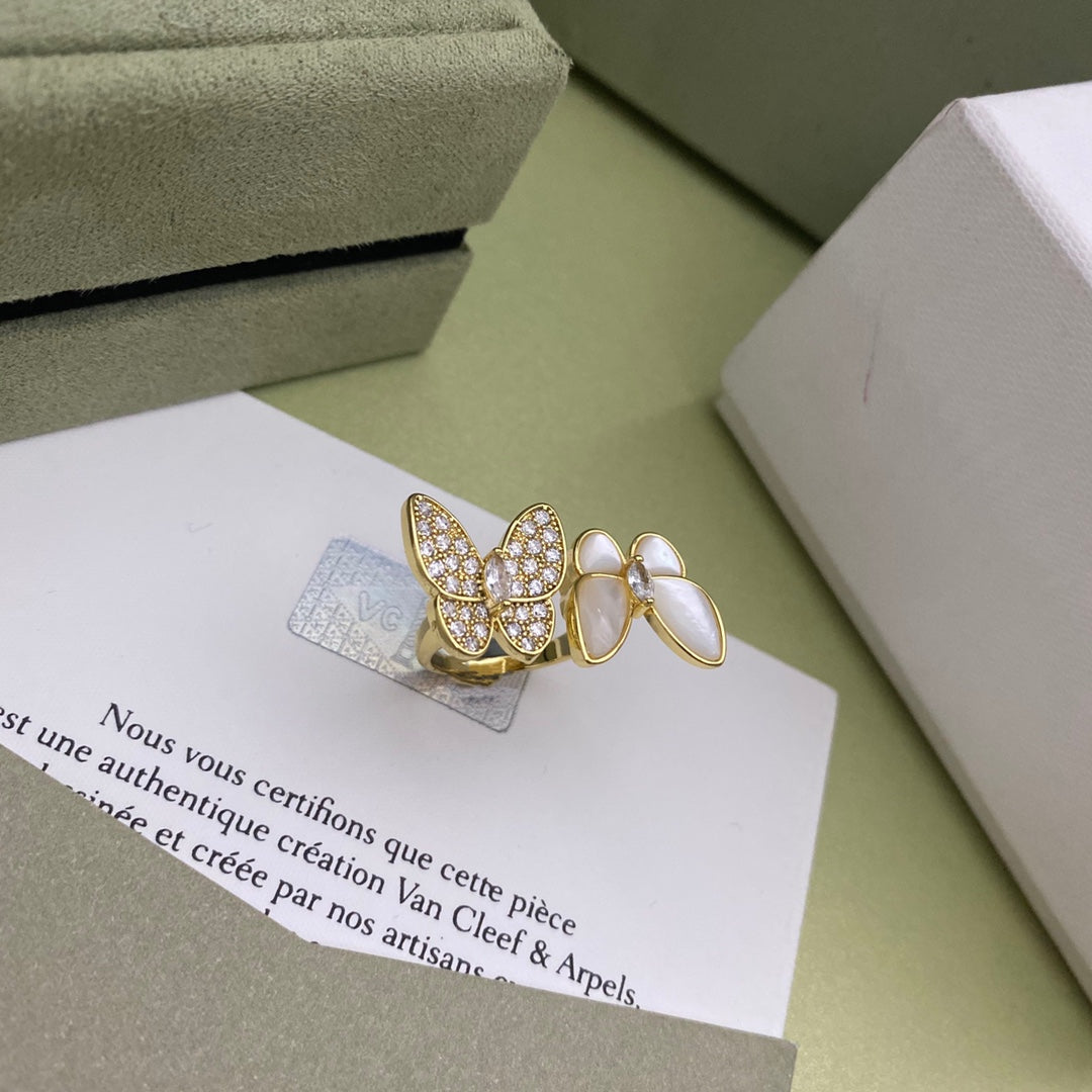 Diamond mother-of-pearl butterfly open ring