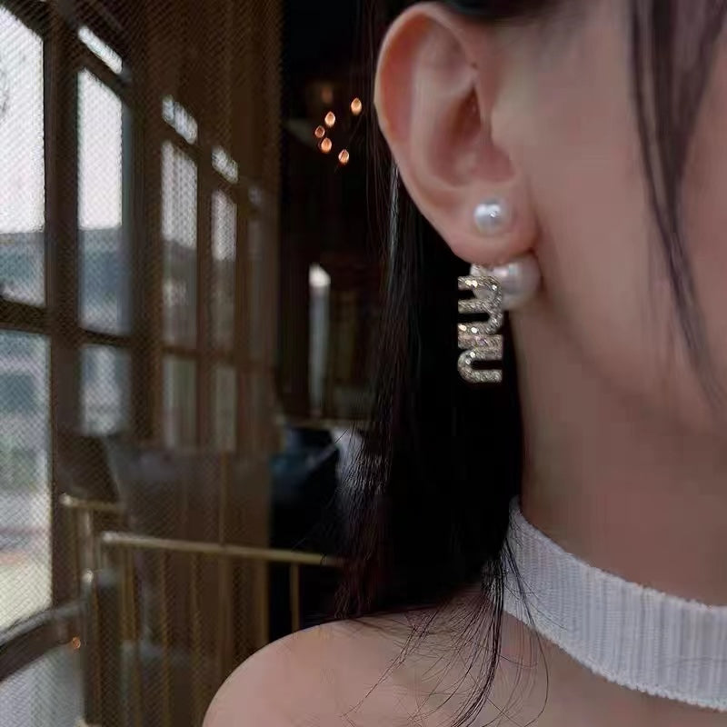 Full Diamond Letter Pearl Earrings