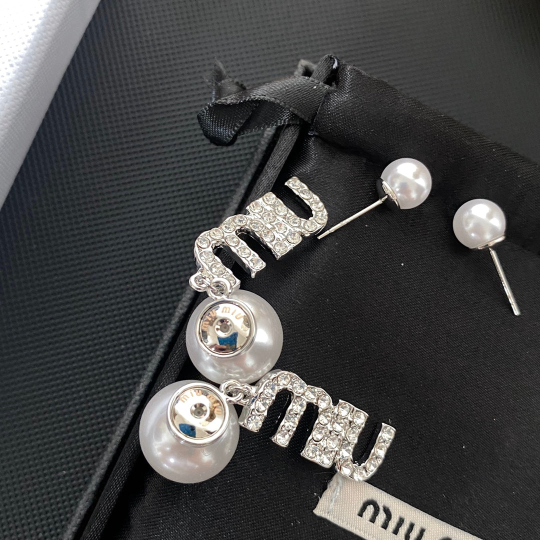 Full Diamond Letter Pearl Earrings