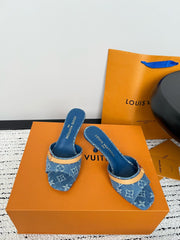 Printed Denim Kitten Heel Slippers