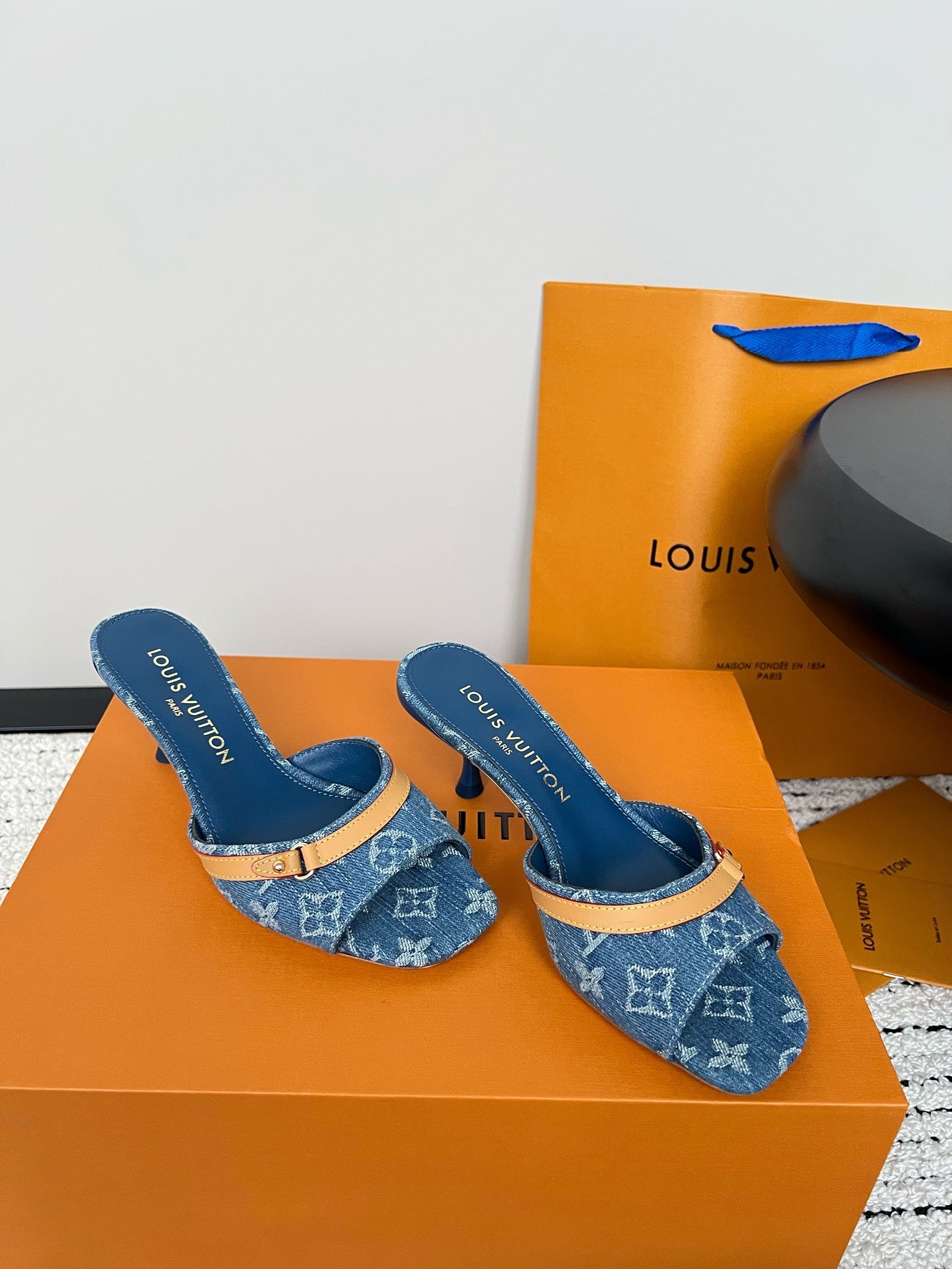 Printed Denim Kitten Heel Slippers
