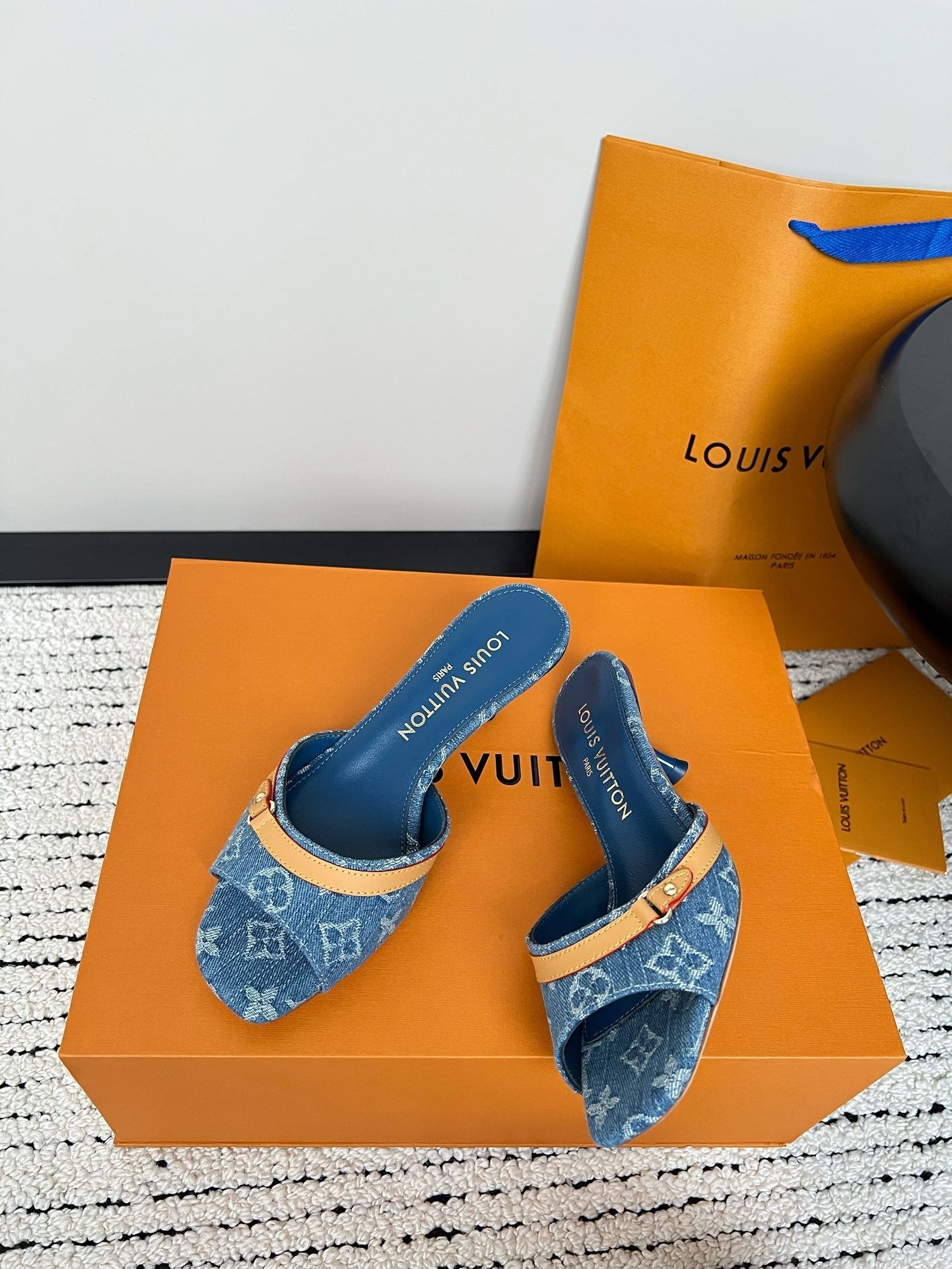 Printed Denim Kitten Heel Slippers