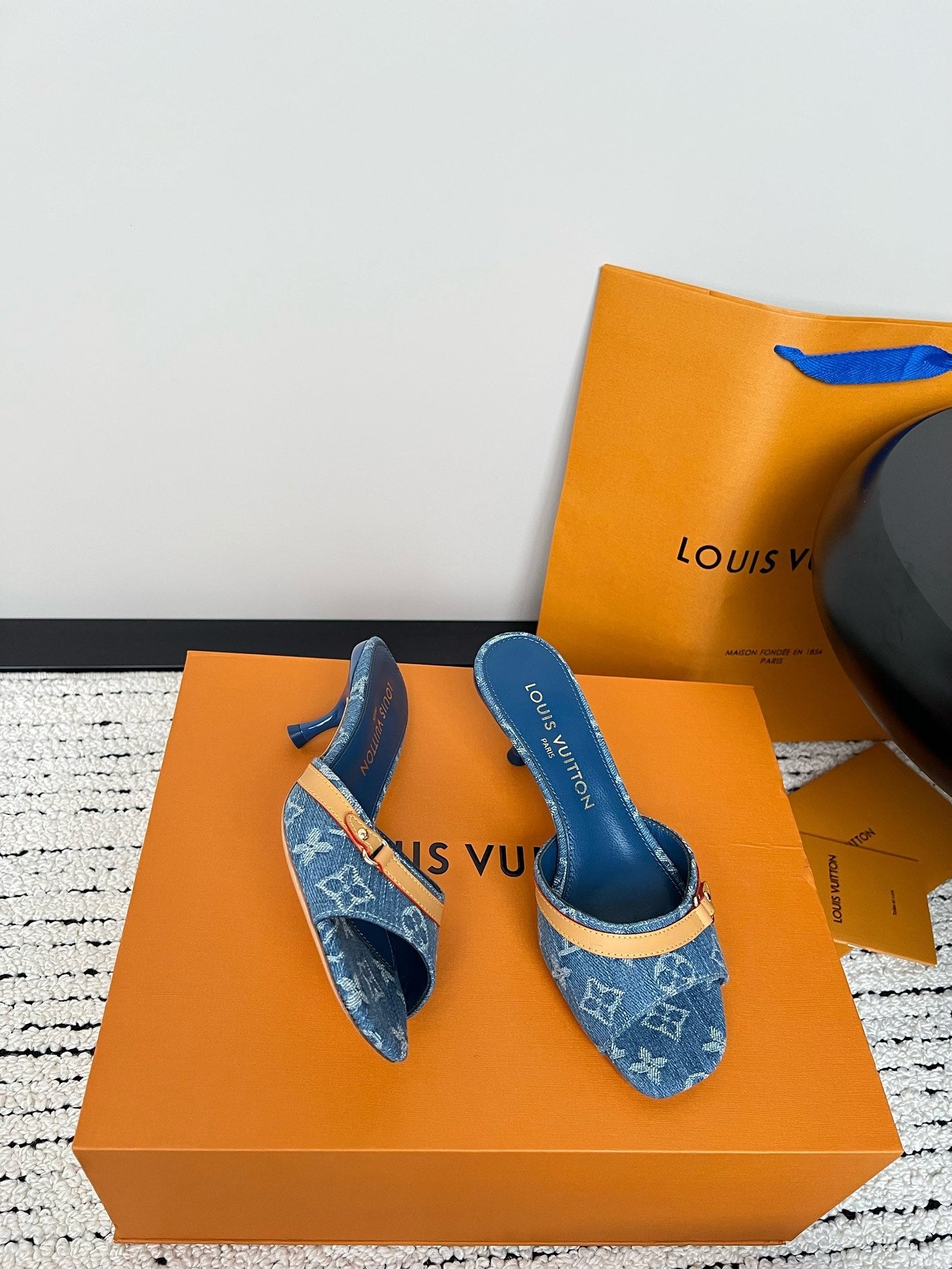 Printed Denim Kitten Heel Slippers