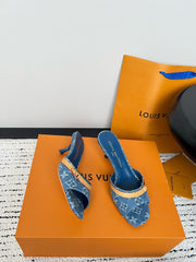 Printed Denim Kitten Heel Slippers