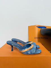 Printed Denim Kitten Heel Slippers