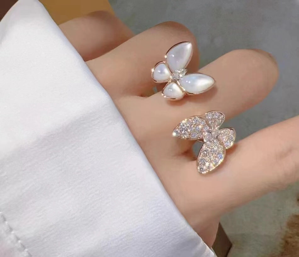 Diamond mother-of-pearl butterfly open ring