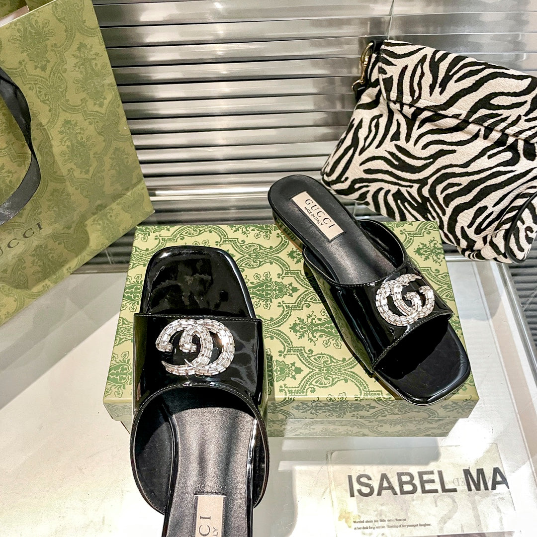 Patent Leather Rhinestone Flat Slippers