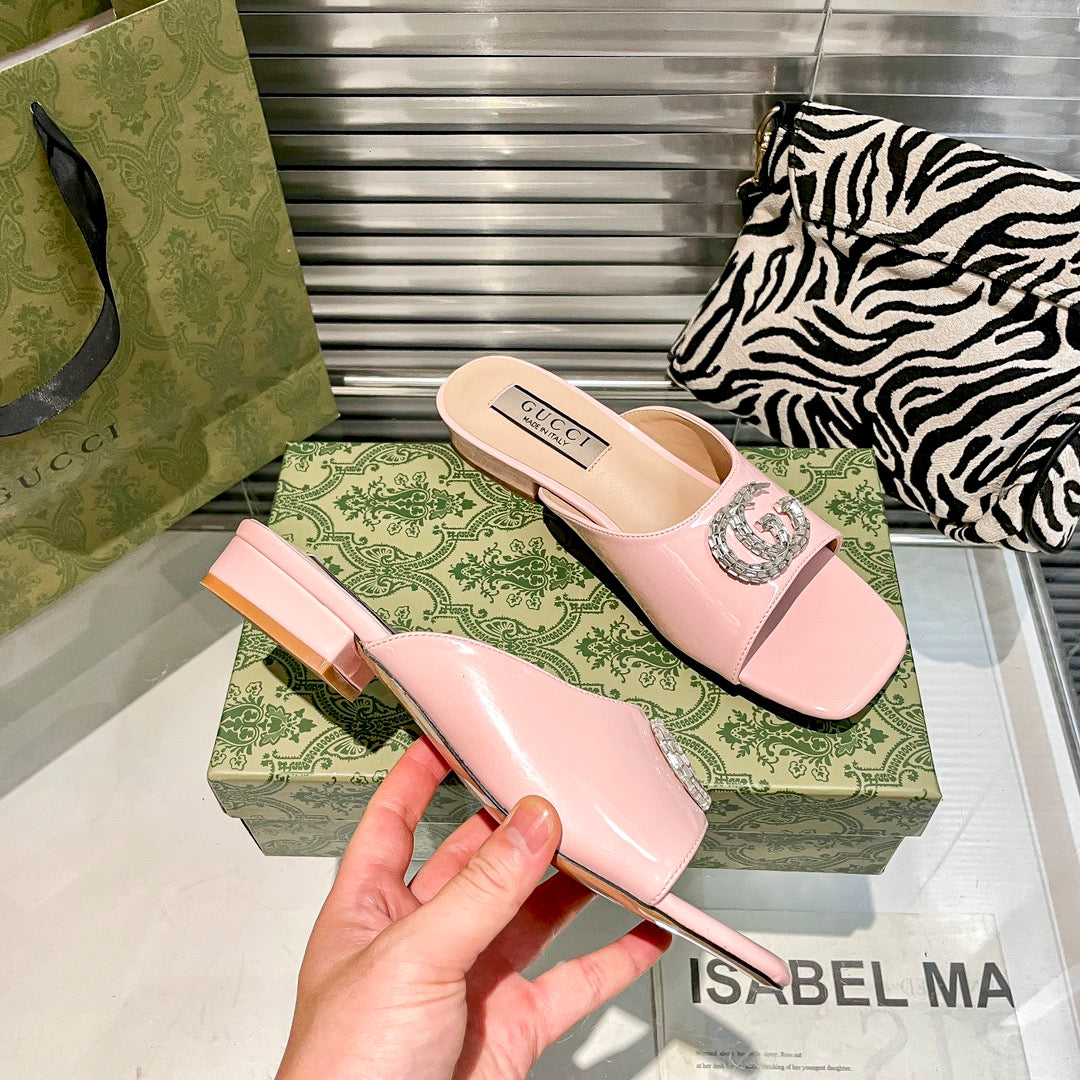 Patent Leather Rhinestone Flat Slippers