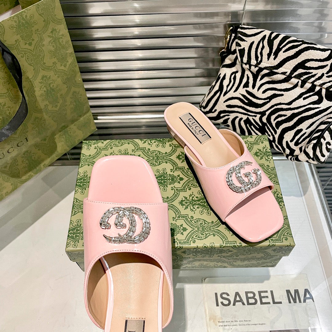 Patent Leather Rhinestone Flat Slippers