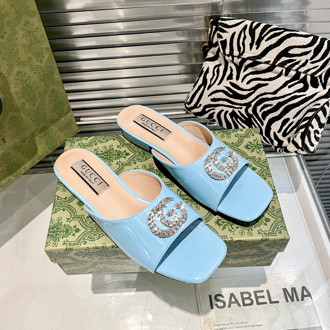 Patent Leather Rhinestone Flat Slippers