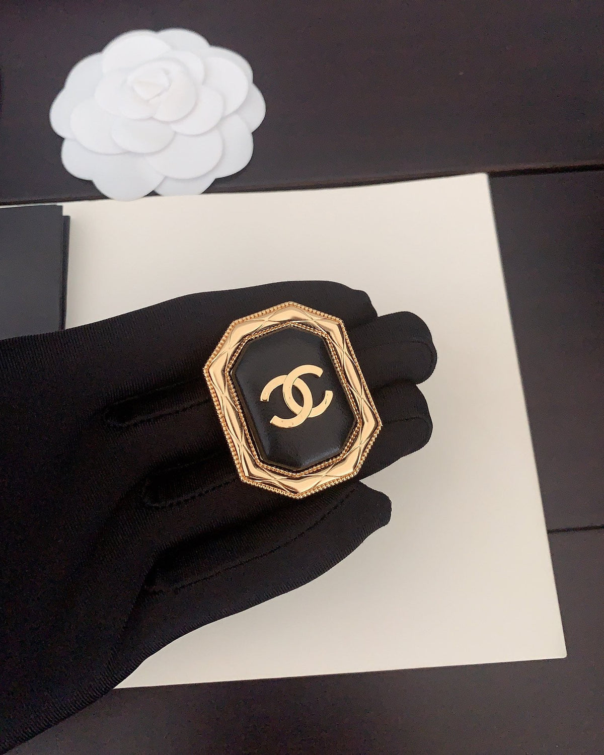 Gold Square Black Leather Brooch