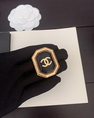 Gold Square Black Leather Brooch