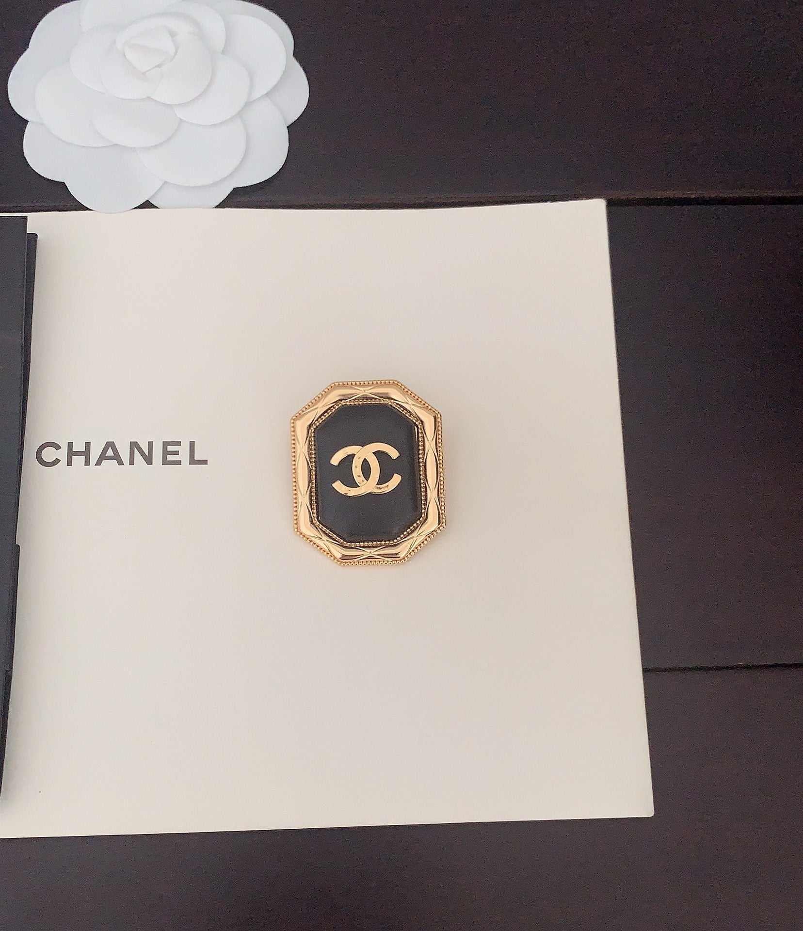 Gold Square Black Leather Brooch