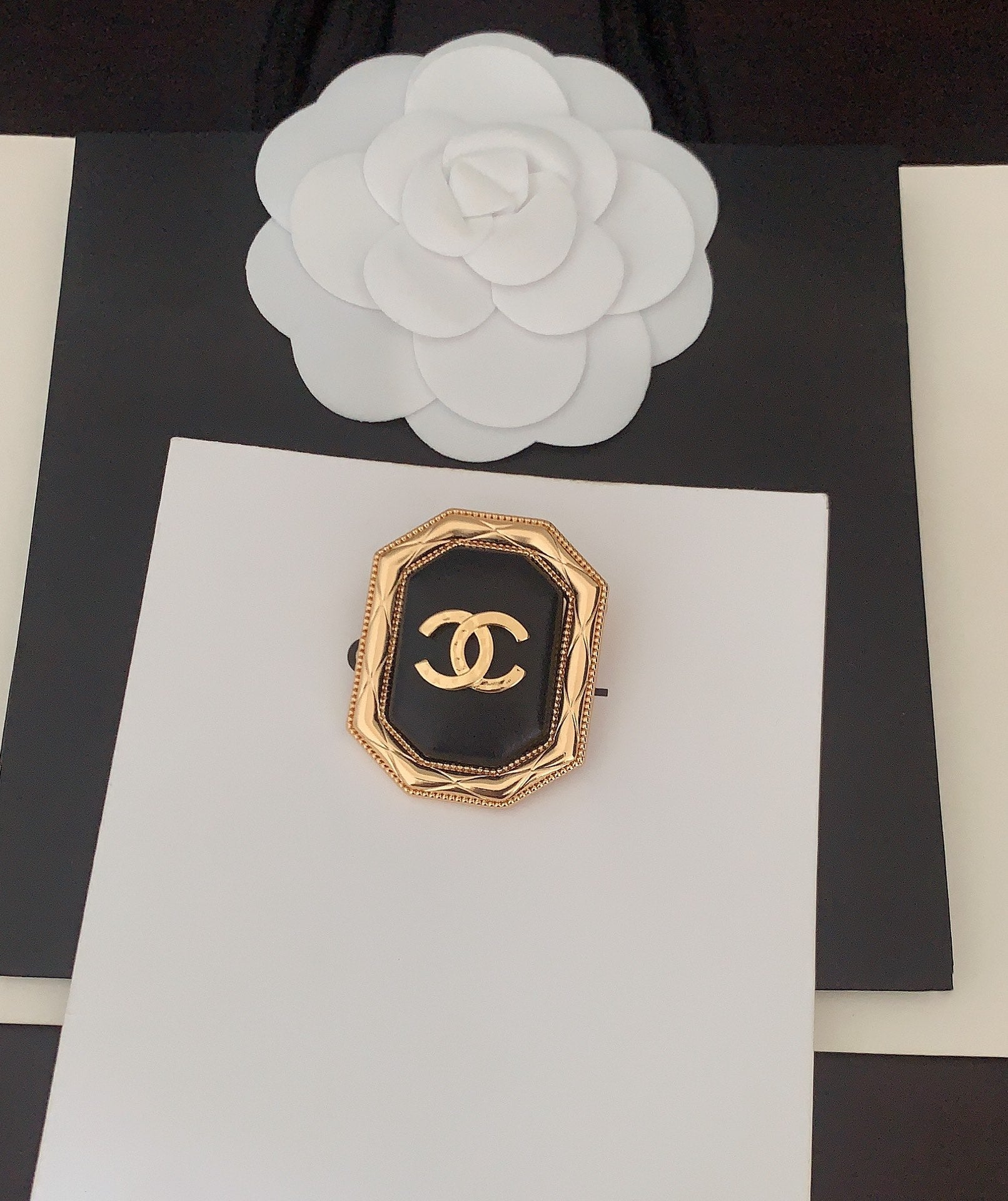 Gold Square Black Leather Brooch