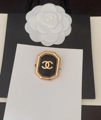 Gold Square Black Leather Brooch