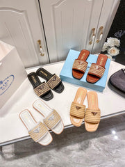 Summer straw leather flat slippers