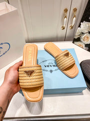 Summer straw leather flat slippers