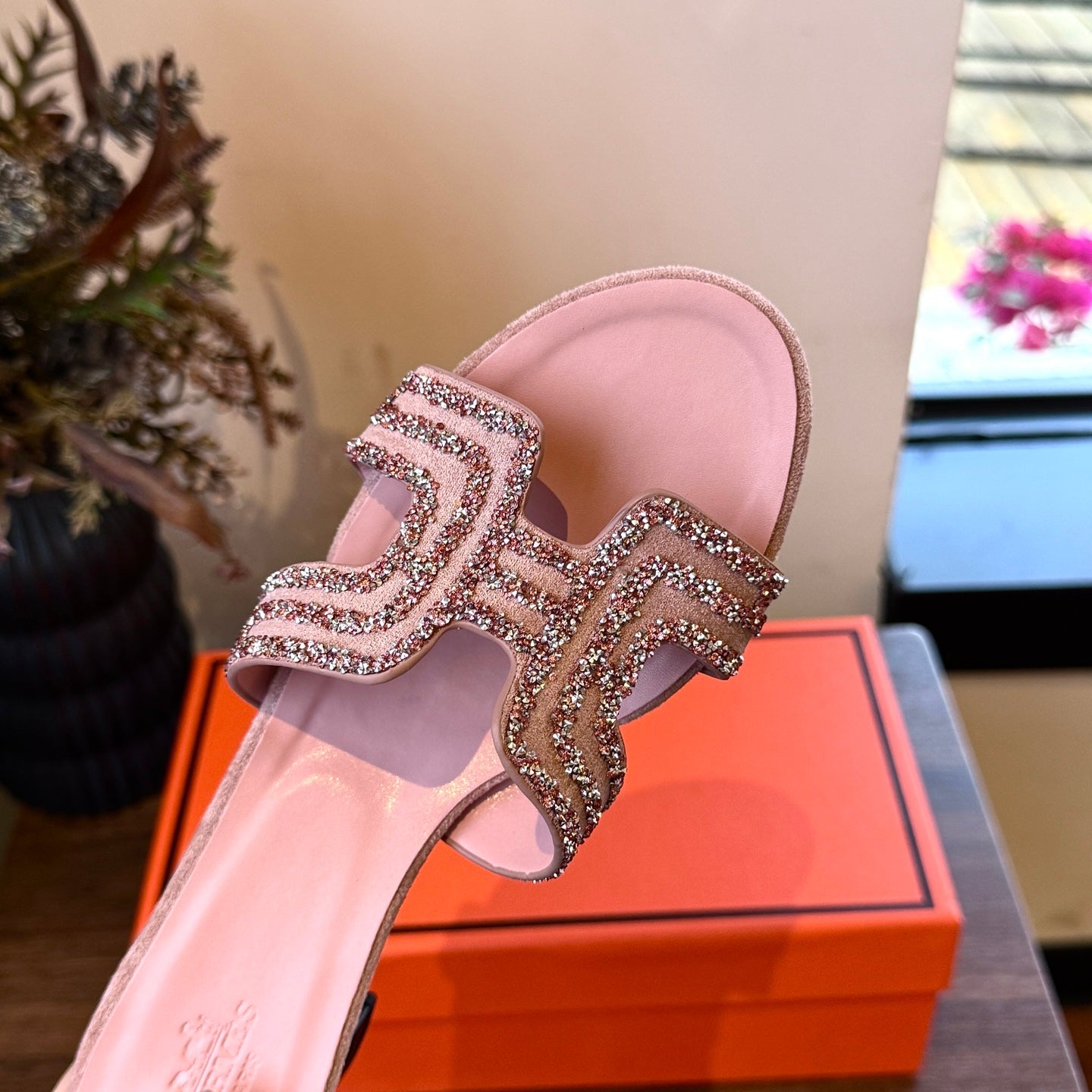 Rhinestone thick heel slippers