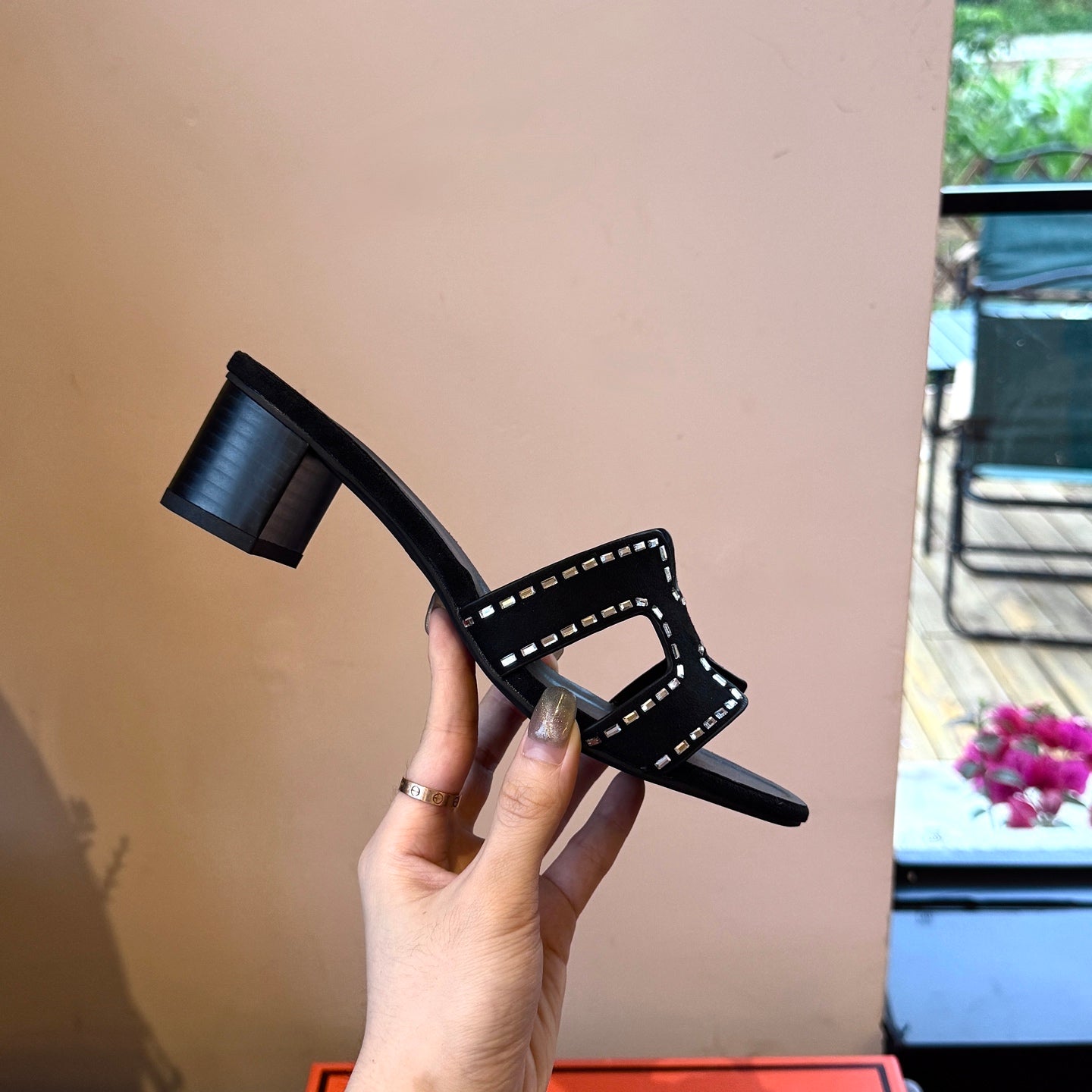 Rhinestone thick heel slippers