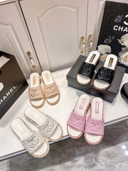 Fashion leather braided thick heel slippers