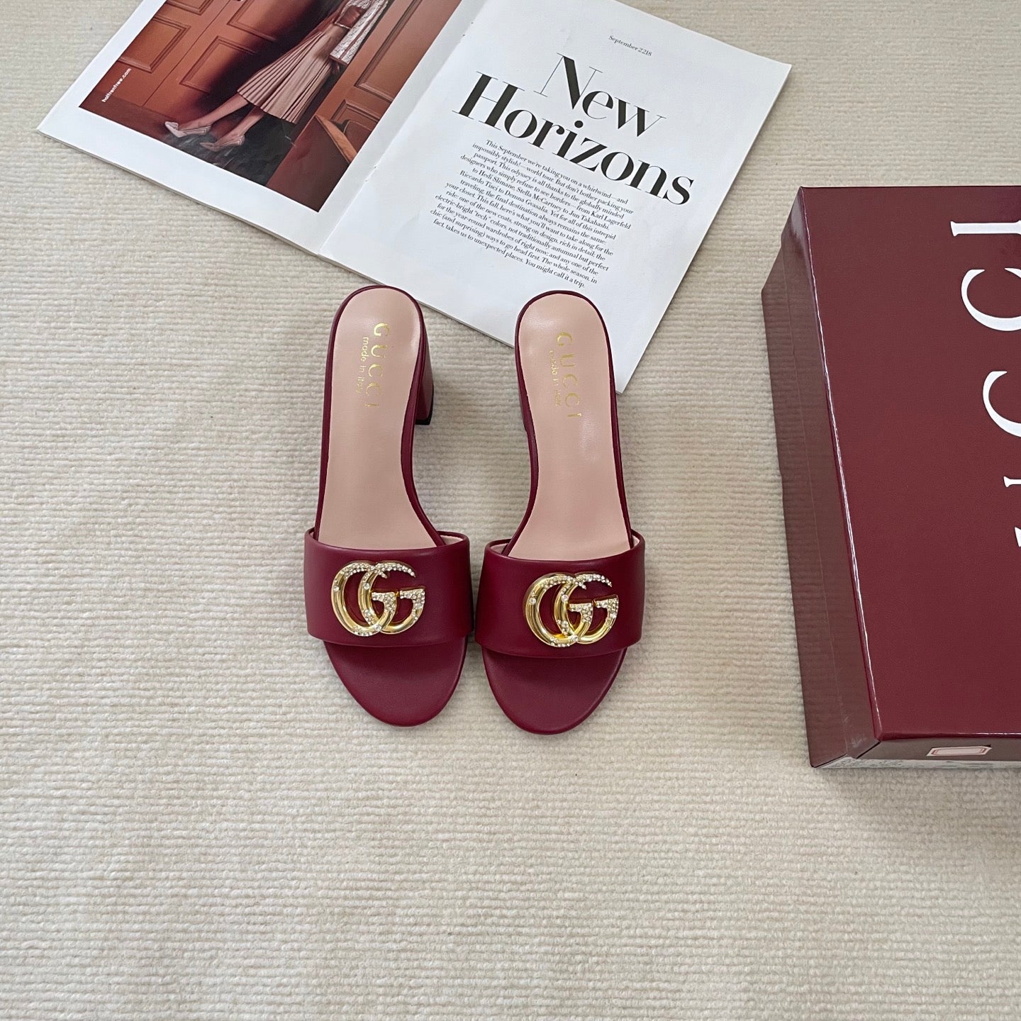 Rhinestone Logo thick heel slippers