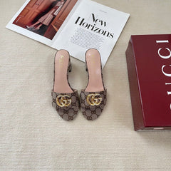 Rhinestone Logo thick heel slippers
