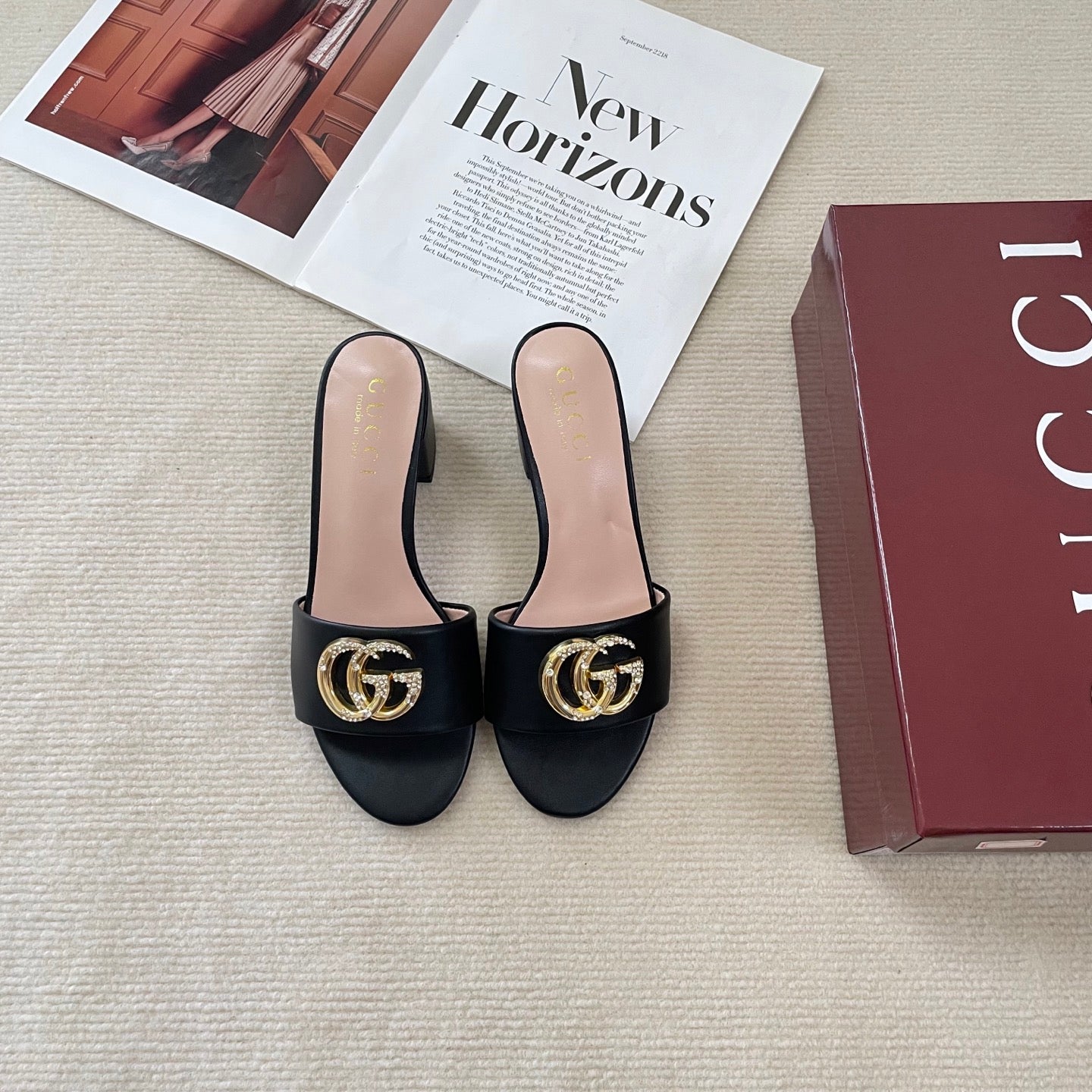 Rhinestone Logo thick heel slippers