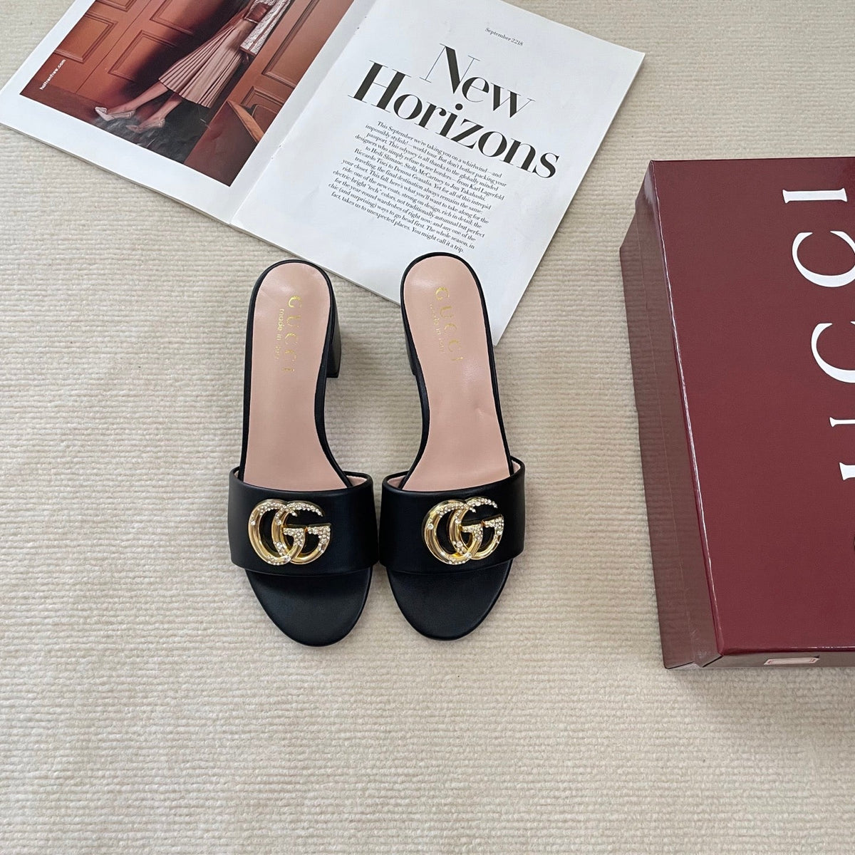 Rhinestone Logo thick heel slippers
