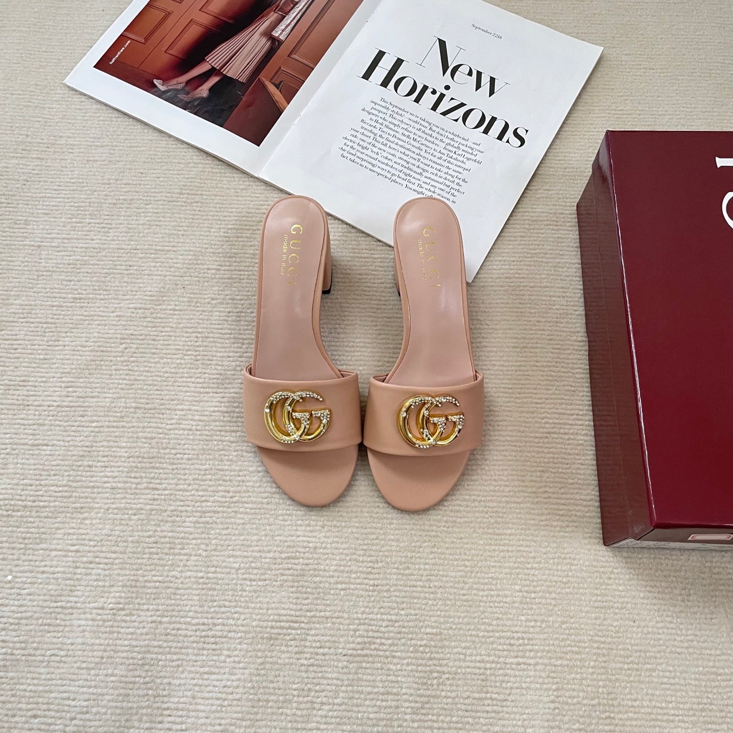 Rhinestone Logo thick heel slippers