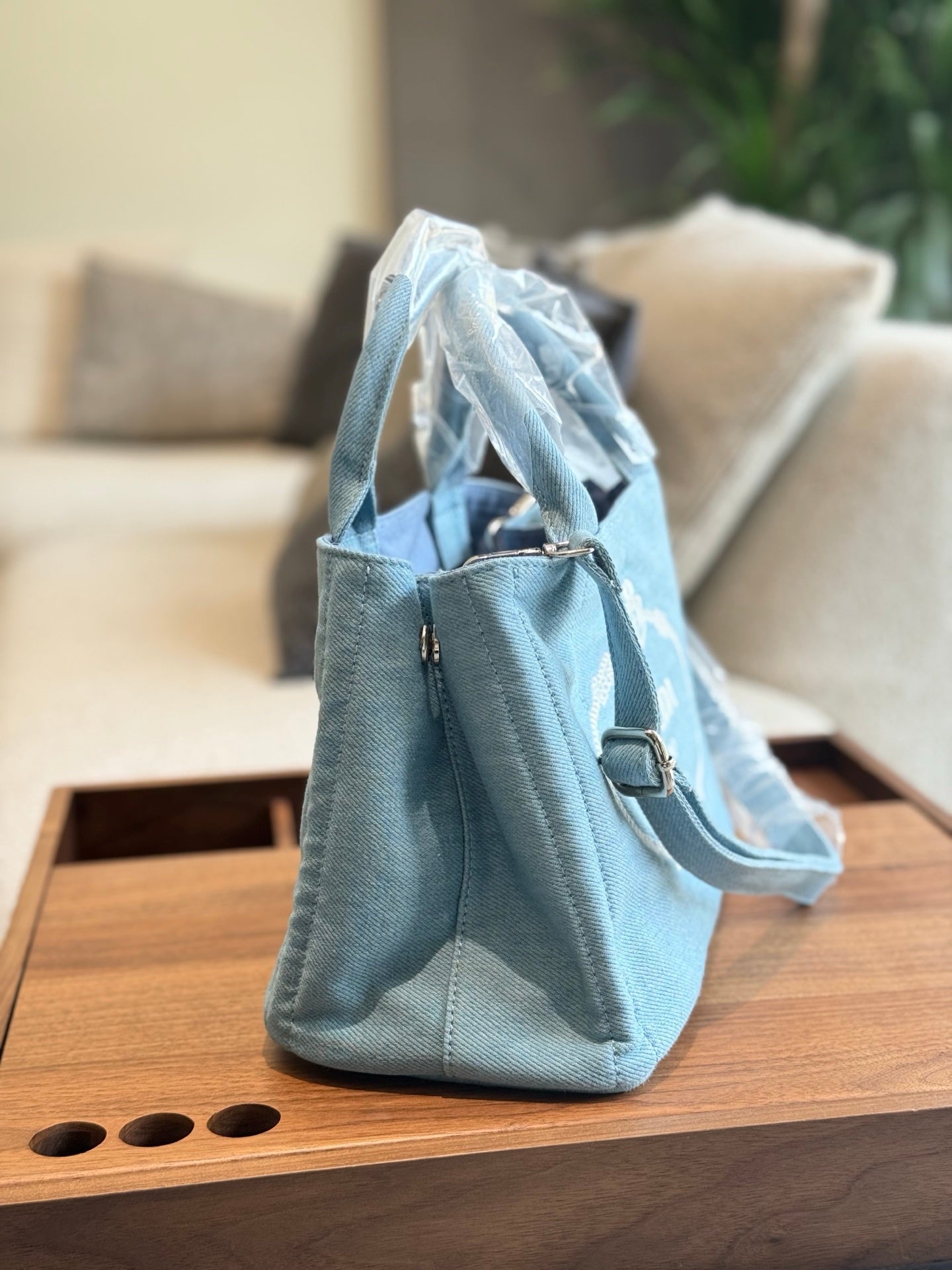 Small light-colored denim tote bag
