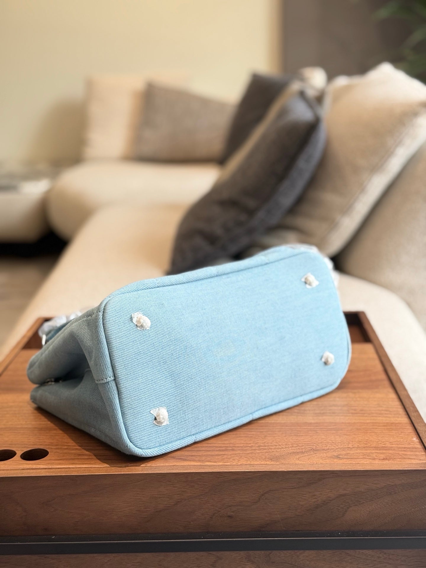 Small light-colored denim tote bag