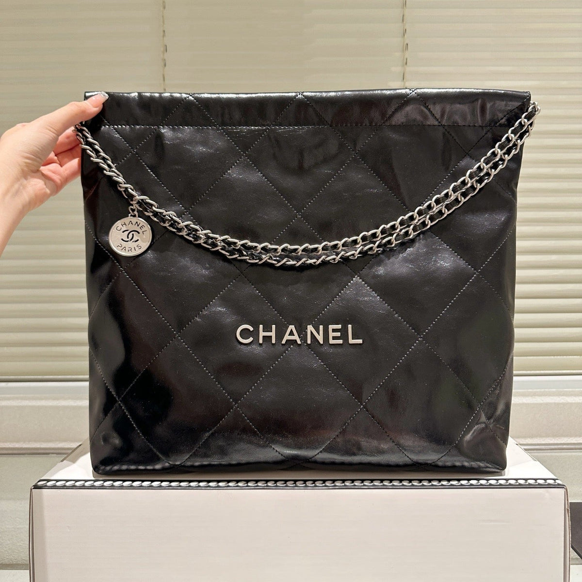 Large Waxed Leather Silver Shoulder Bag