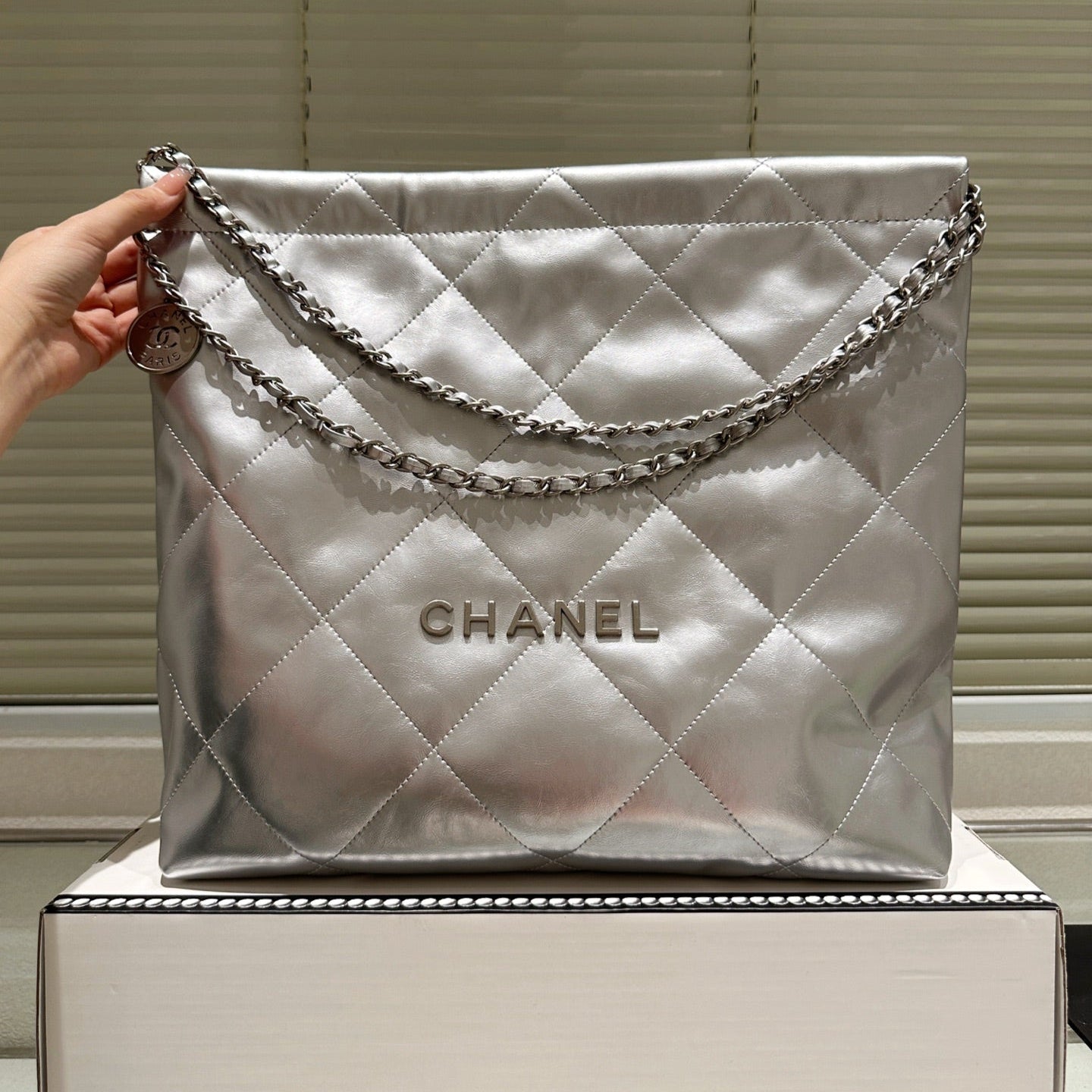 Large Waxed Leather Silver Shoulder Bag