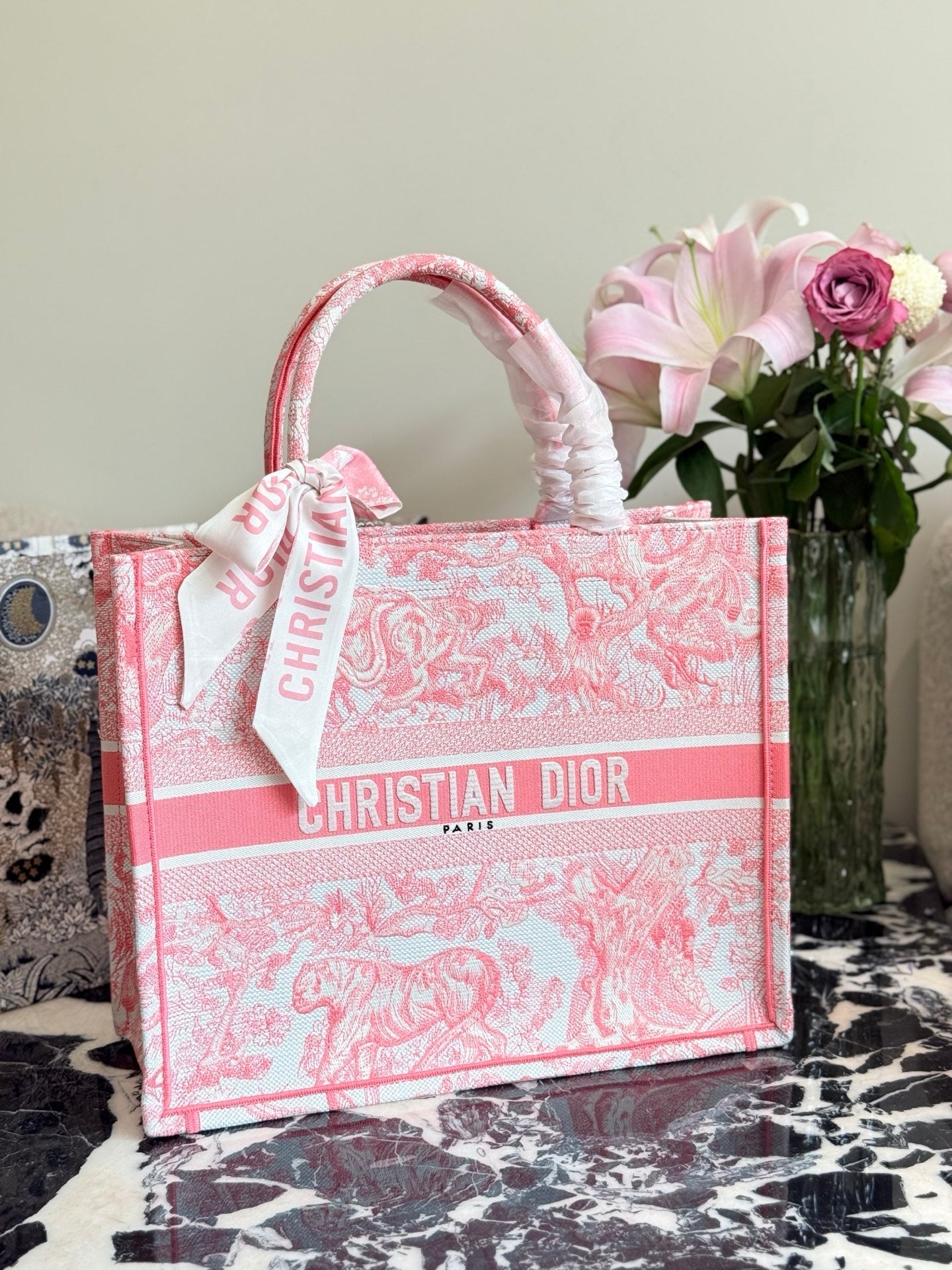 Pink printed embroidery bag