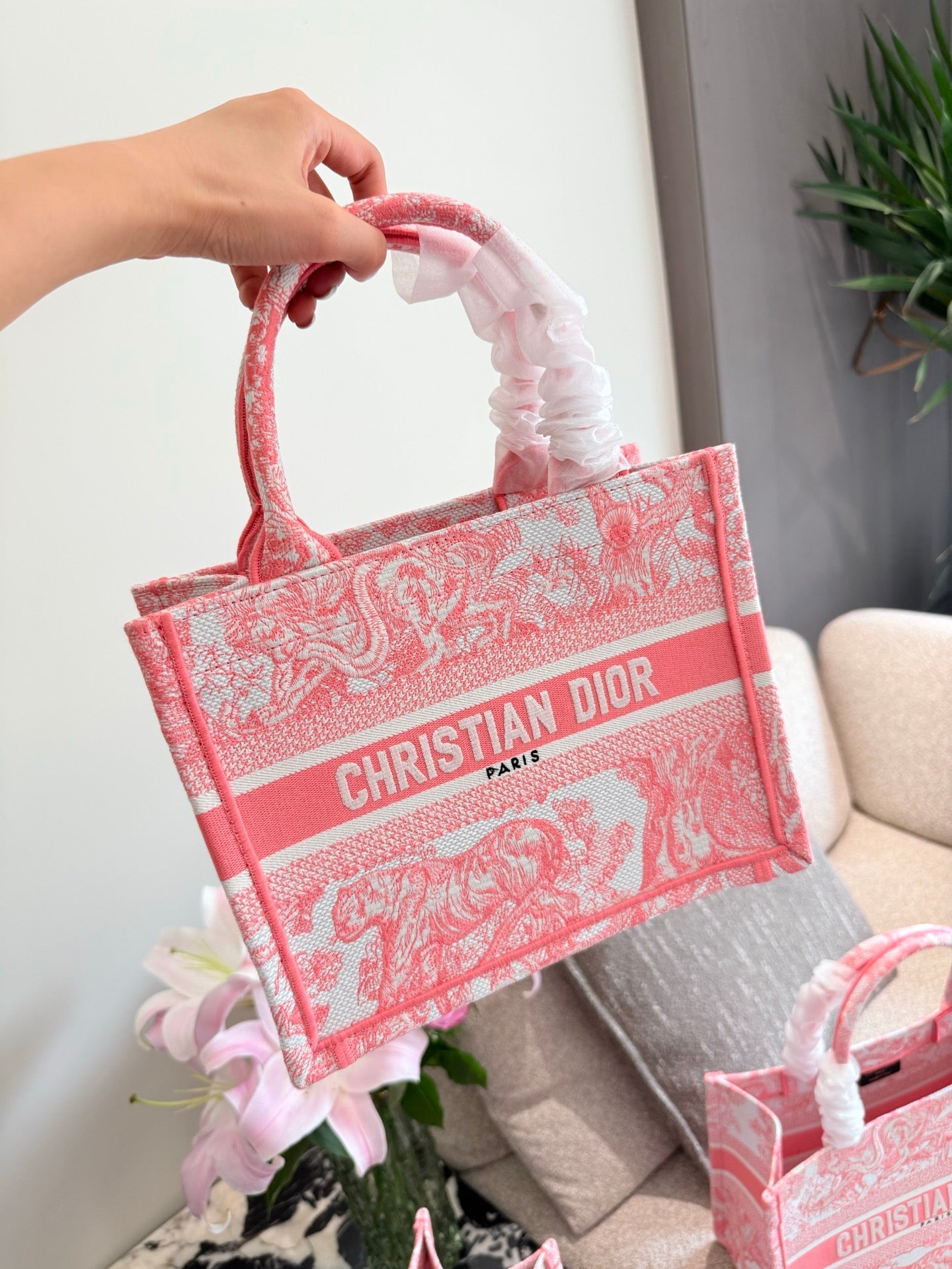 Pink printed embroidery bag