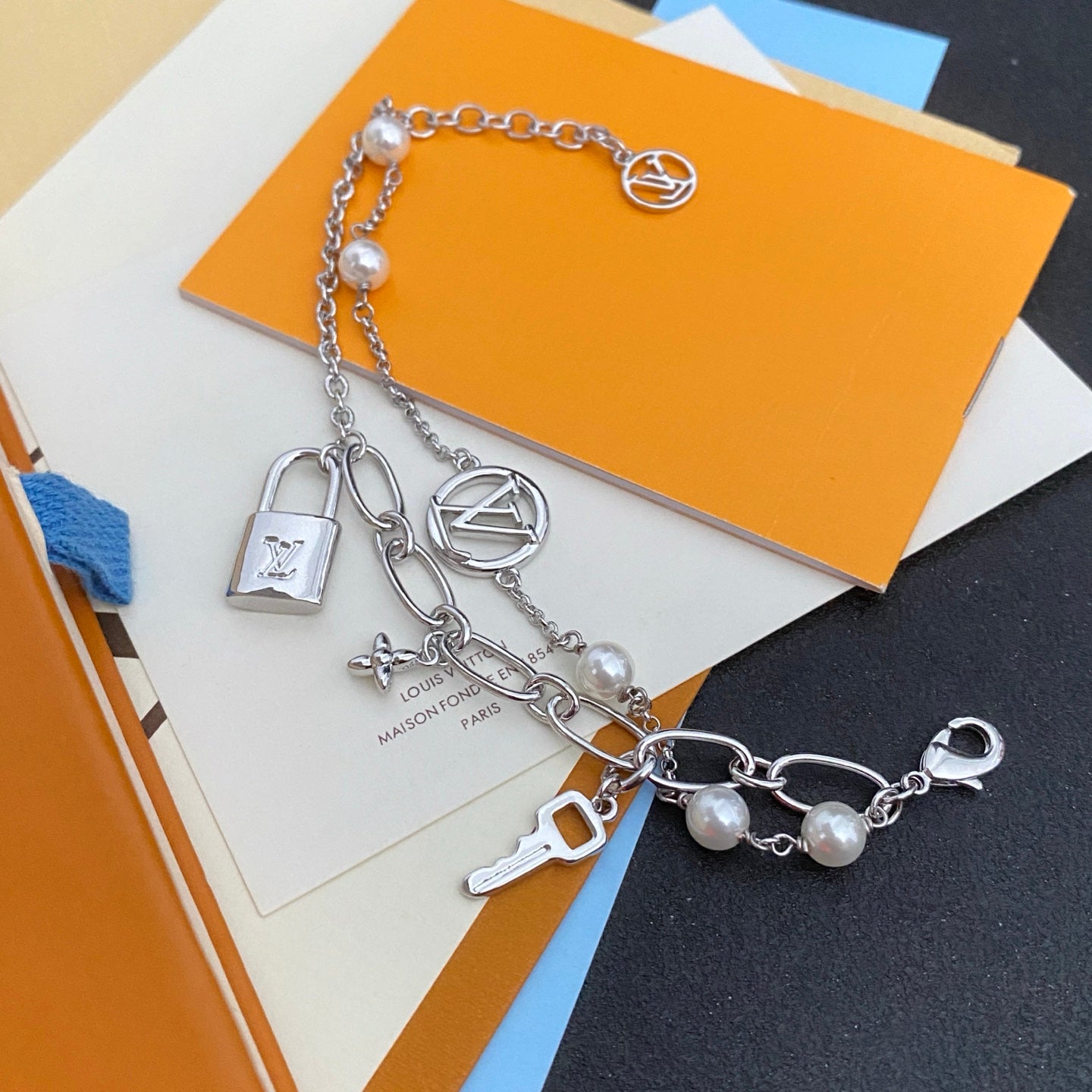 Lock and key charm pearl bracelet