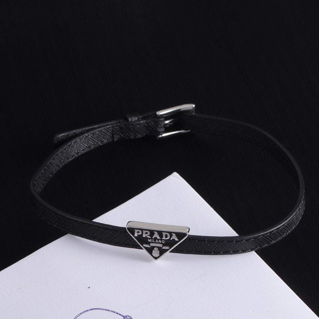 Double Black leather enamel label bracelet