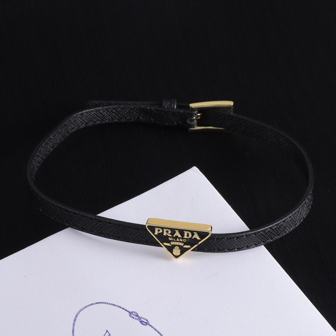 Double Black leather enamel label bracelet
