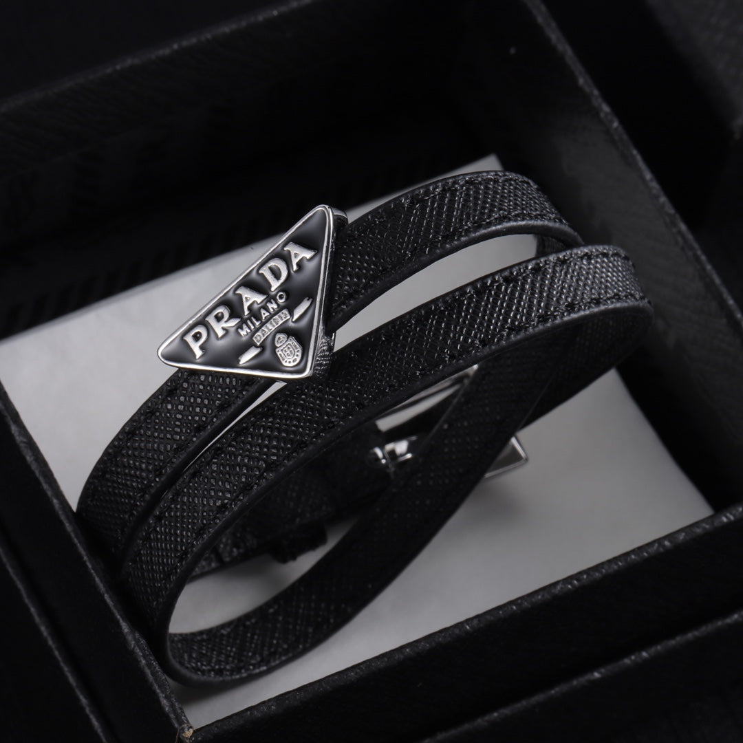 Double Black leather enamel label bracelet